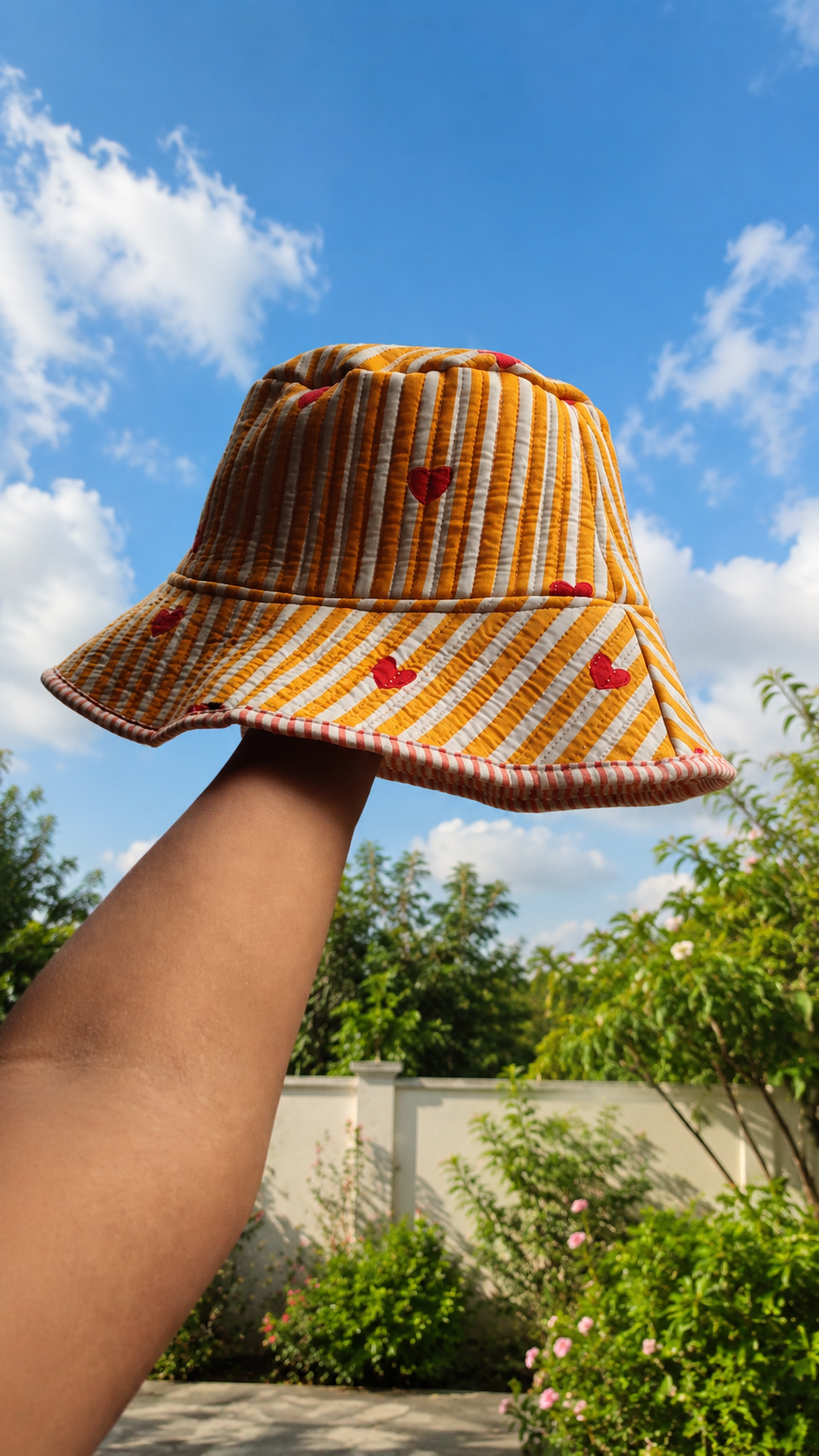 Yellow & White Striped Quilted Cotton Bucket Hat with Red Hearts