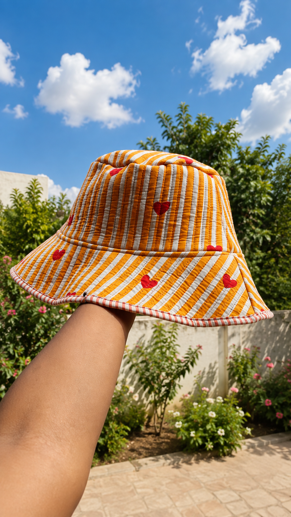Yellow & White Striped Quilted Cotton Bucket Hat with Red Hearts