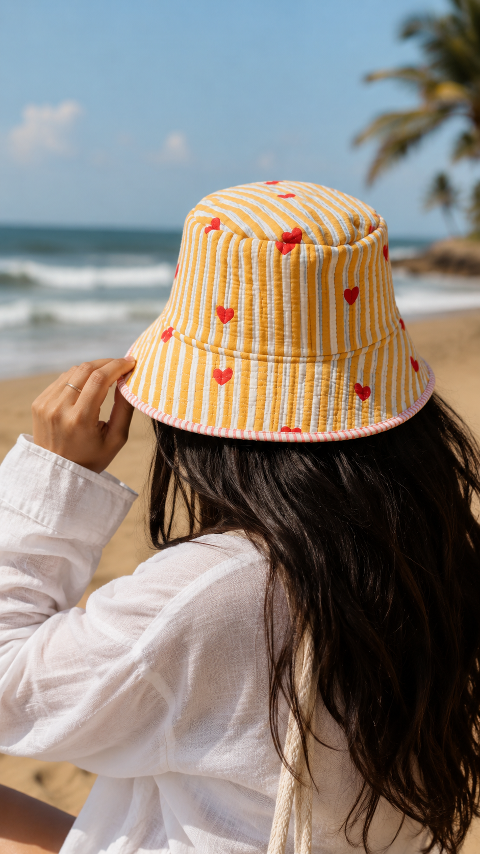 Yellow & White Striped Quilted Cotton Bucket Hat with Red Hearts