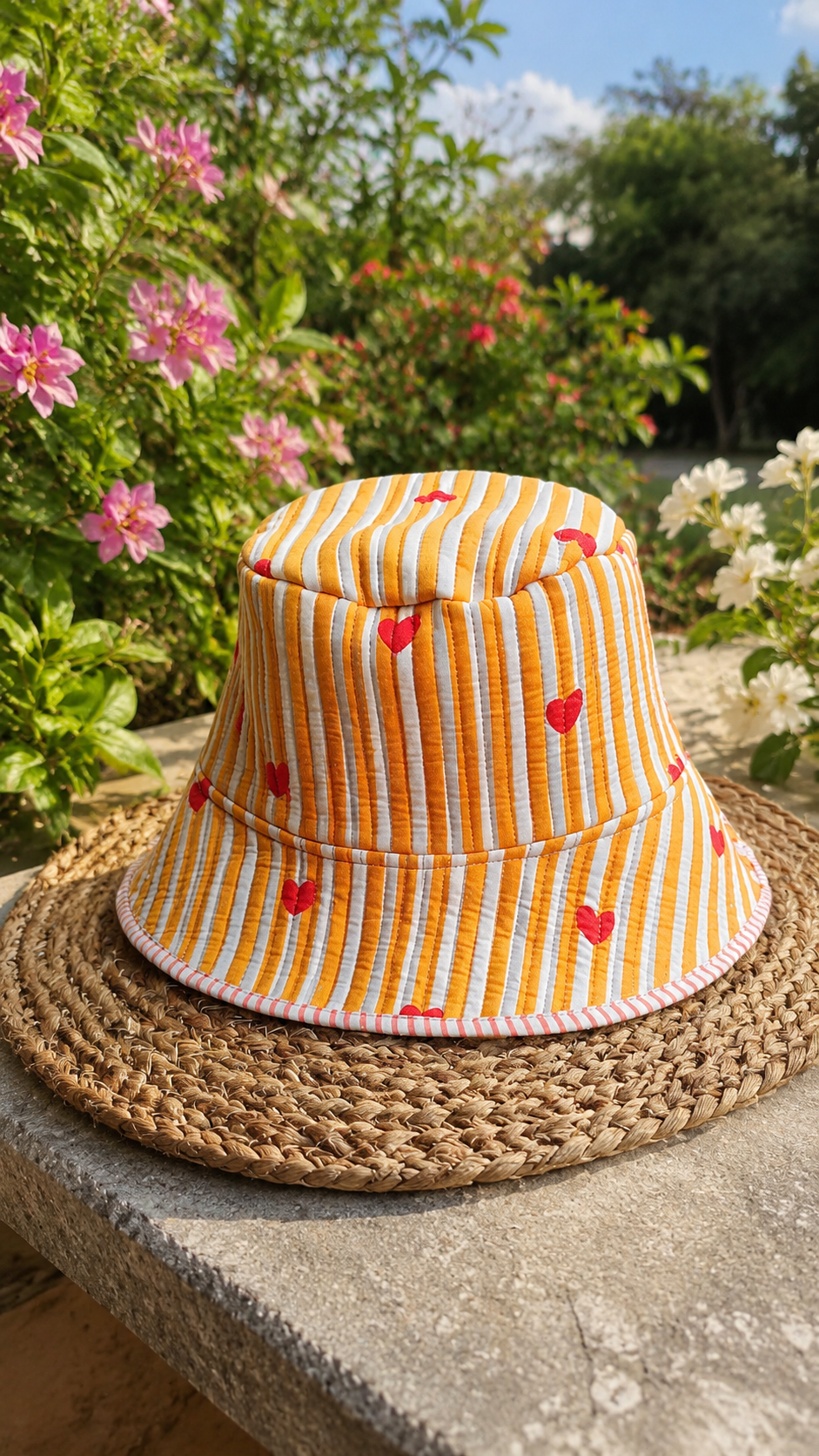 Yellow & White Striped Quilted Cotton Bucket Hat with Red Hearts