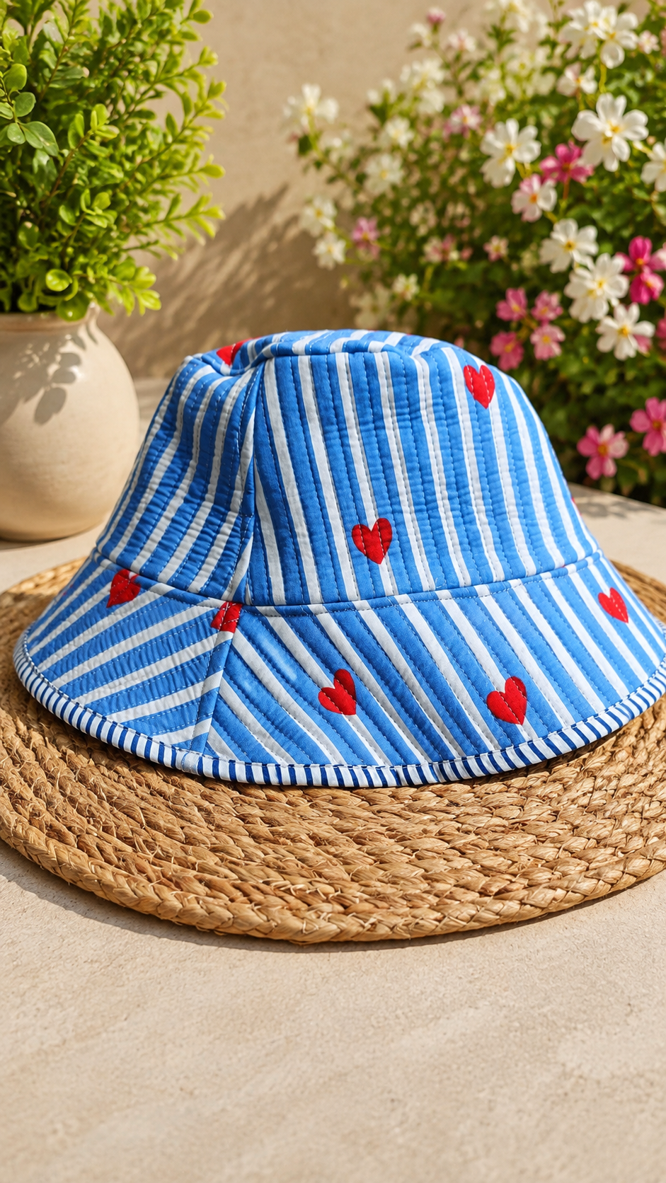 Blue & White Striped Quilted Cotton Bucket Hat with Red Hearts (Copy)