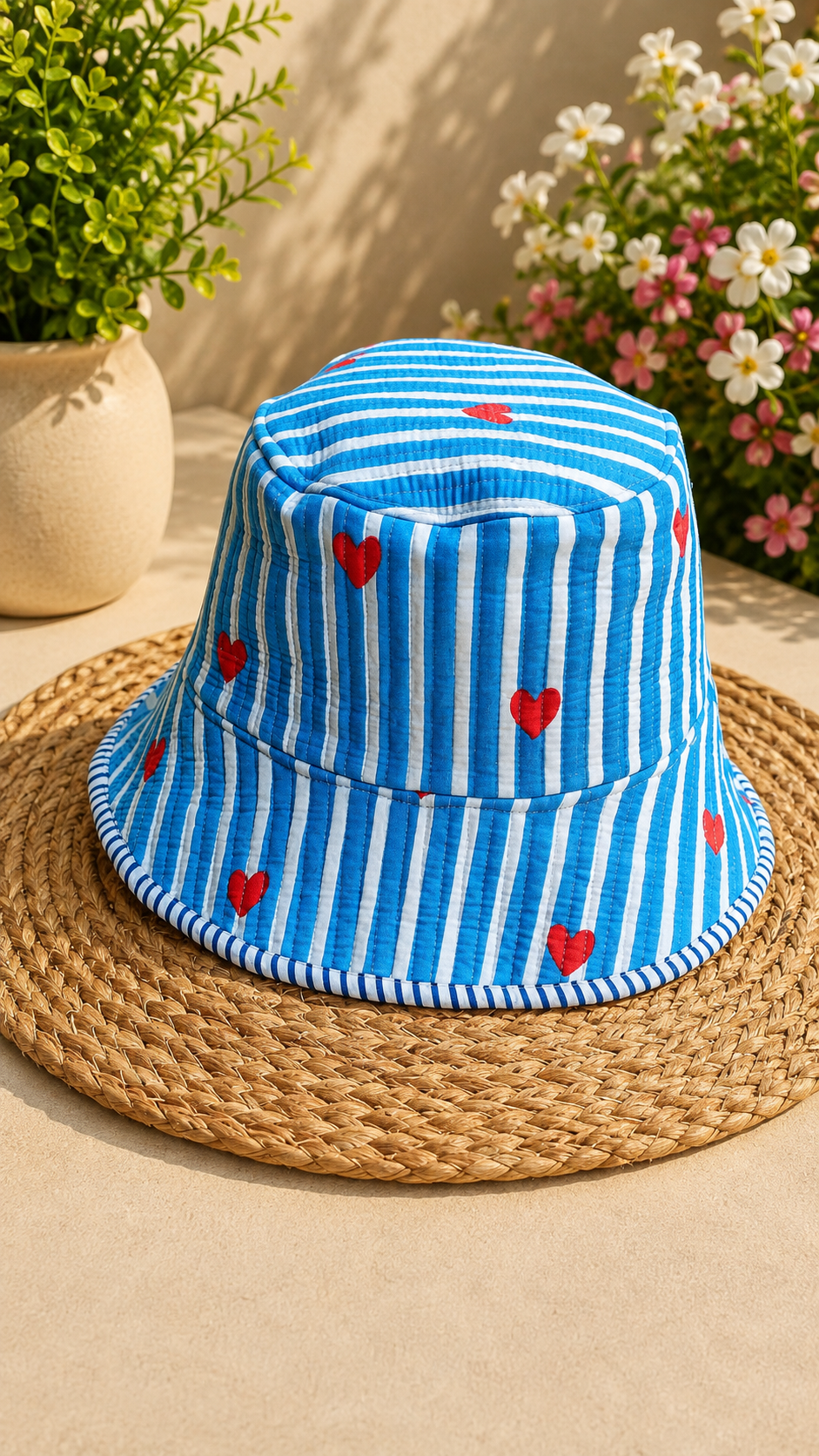 Blue & White Striped Quilted Cotton Bucket Hat with Red Hearts (Copy)