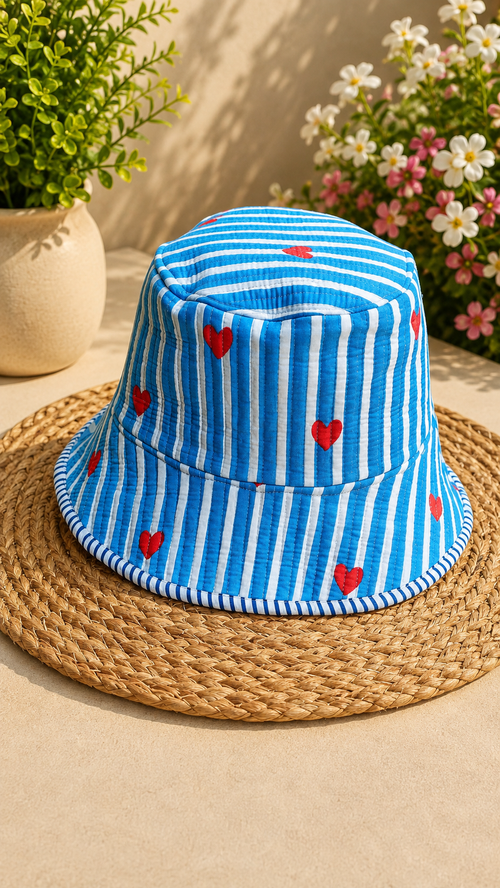 Blue & White Striped Quilted Cotton Bucket Hat with Red Hearts (Copy)