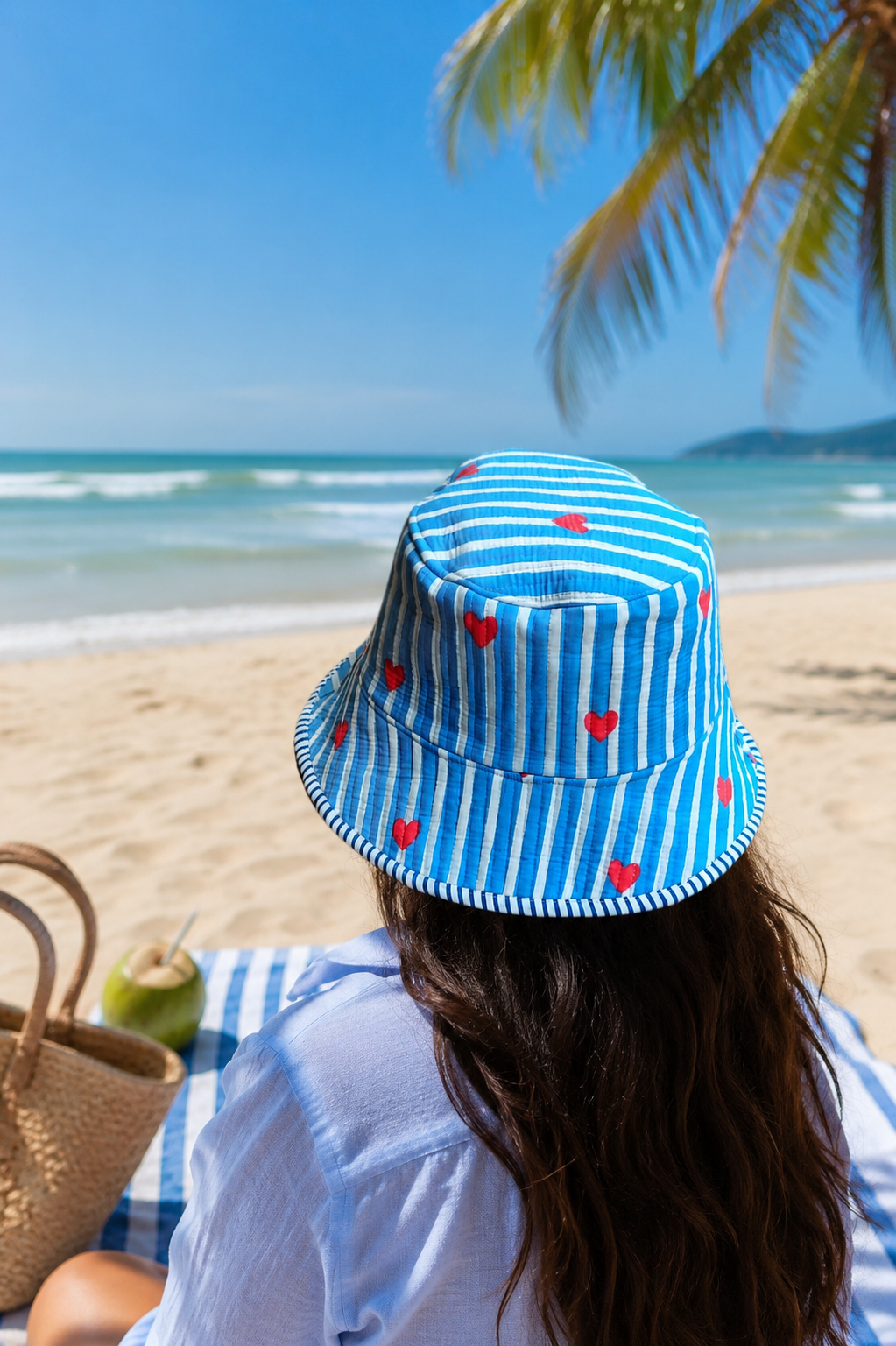 Blue & White Striped Quilted Cotton Bucket Hat with Red Hearts (Copy)