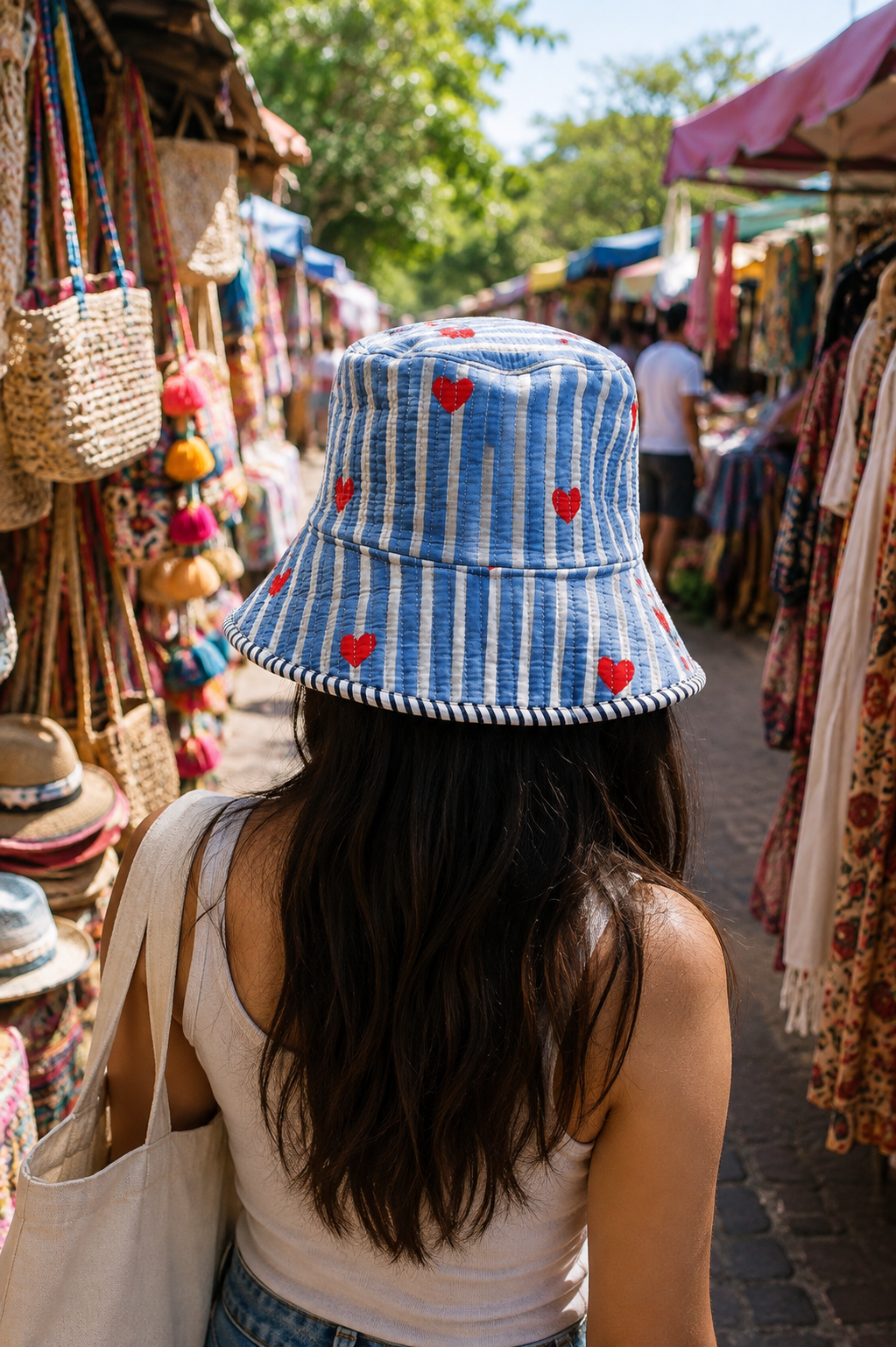 Blue & White Striped Quilted Cotton Bucket Hat with Red Hearts (Copy)