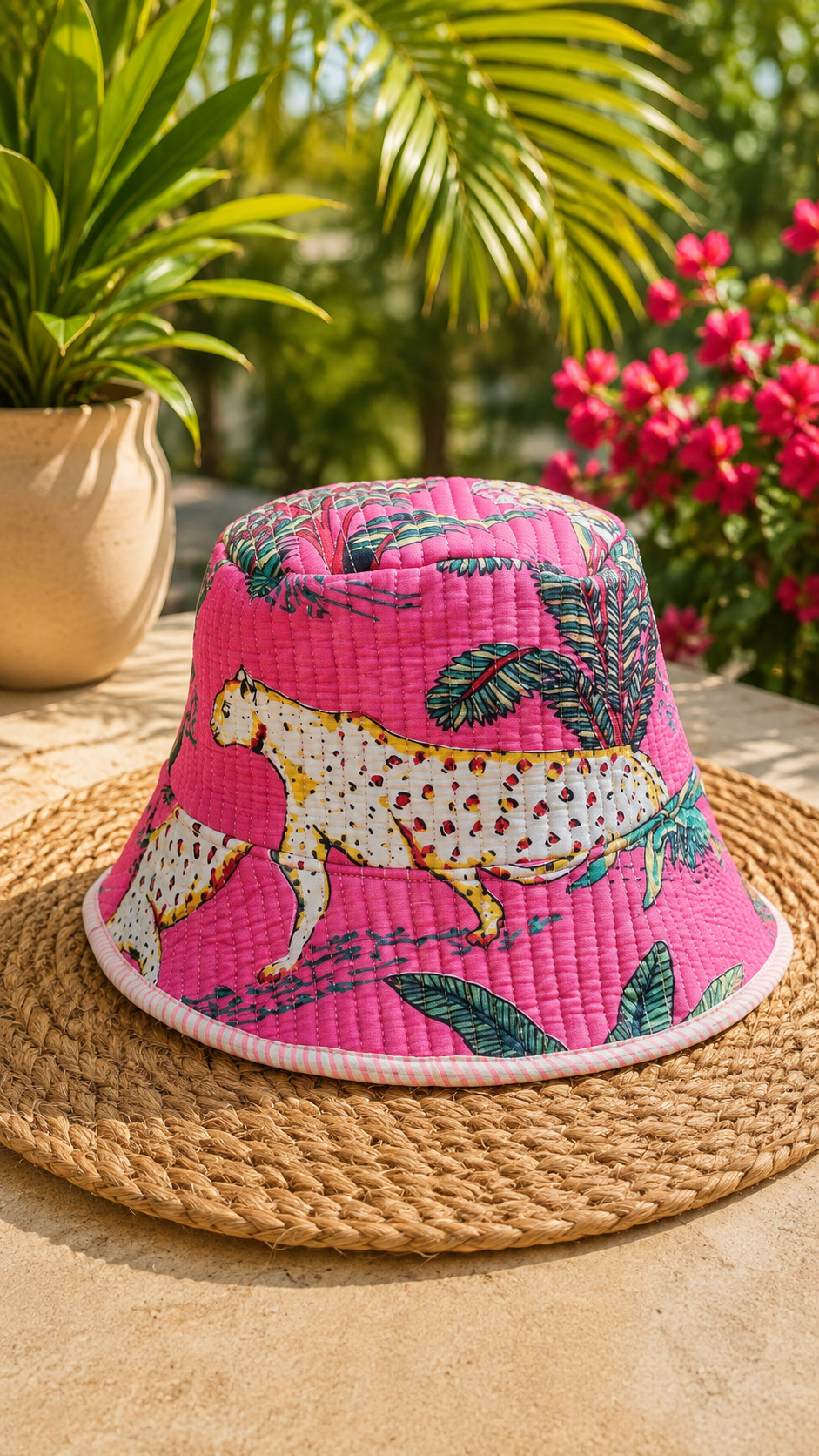Pink Jungle Printed Quilted Cotton Bucket Hat – Handmade Summer Hat