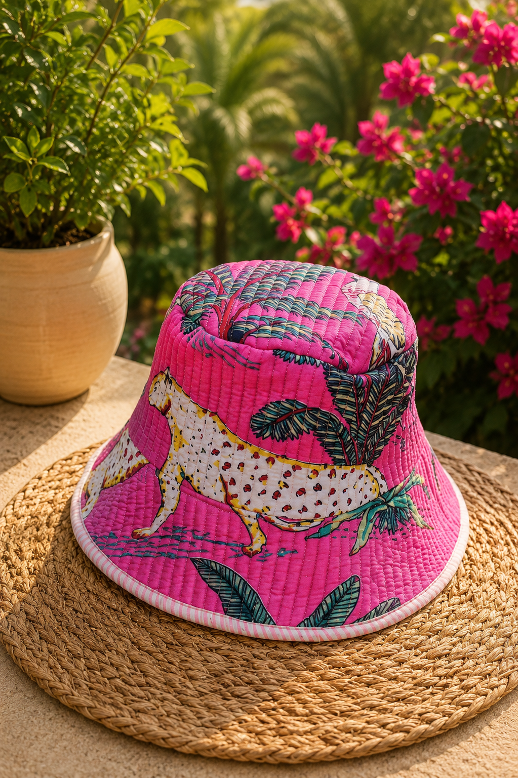 Pink Jungle Printed Quilted Cotton Bucket Hat – Handmade Summer Hat