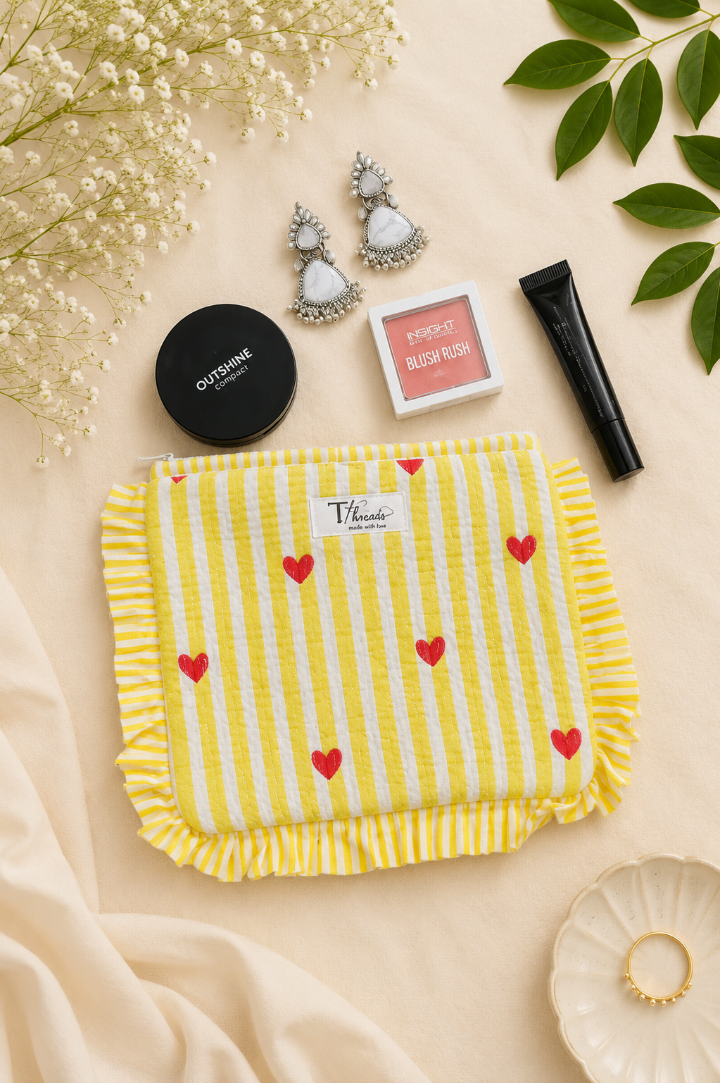 Yellow Heart Stripe Quilted Pouch