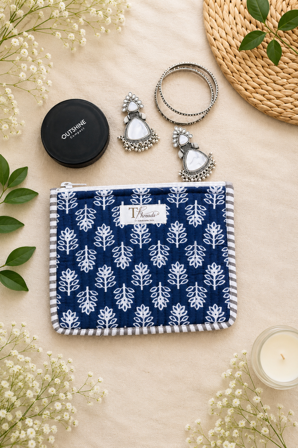 Indigo Bloom Flat Pouch