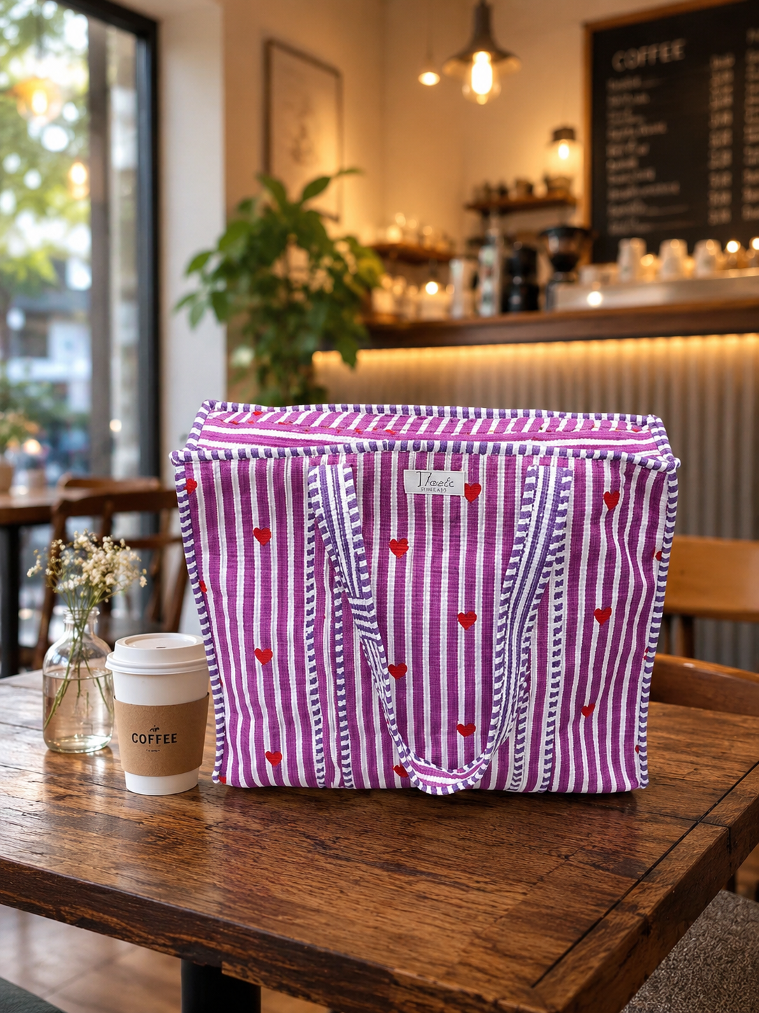 Heart Stripe Quilted Cotton Tote Bag with Zipper | Purple
