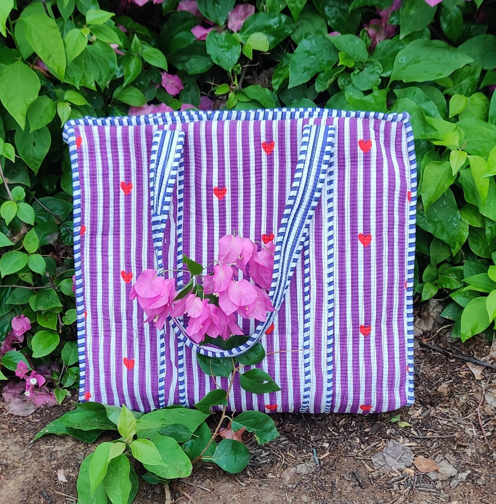 Heart Stripe Quilted Cotton Tote Bag with Zipper | Purple