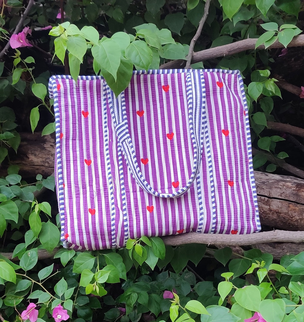 Heart Stripe Quilted Cotton Tote Bag with Zipper | Purple