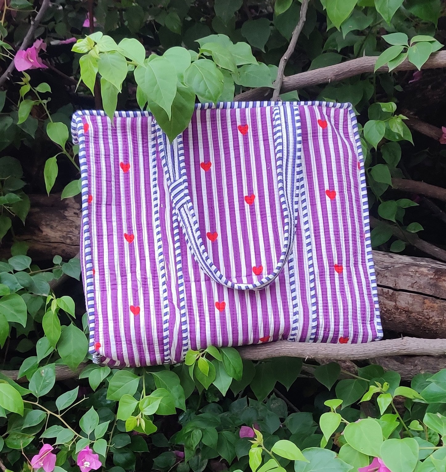 Heart Stripe Quilted Cotton Tote Bag with Zipper | Purple