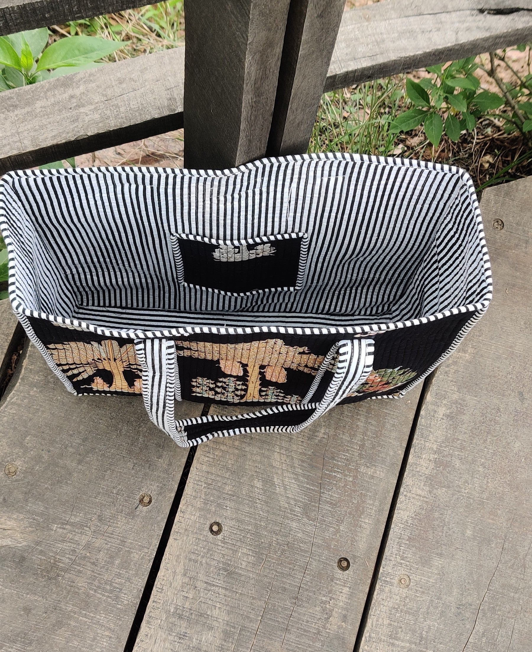 Black Palm Print Tote Bag(Non Zipper)