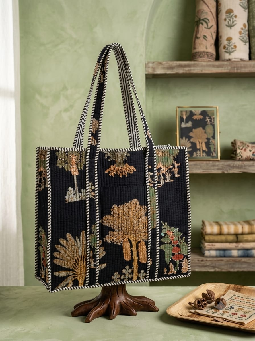 Black Palm Print Tote Bag(Non Zipper)