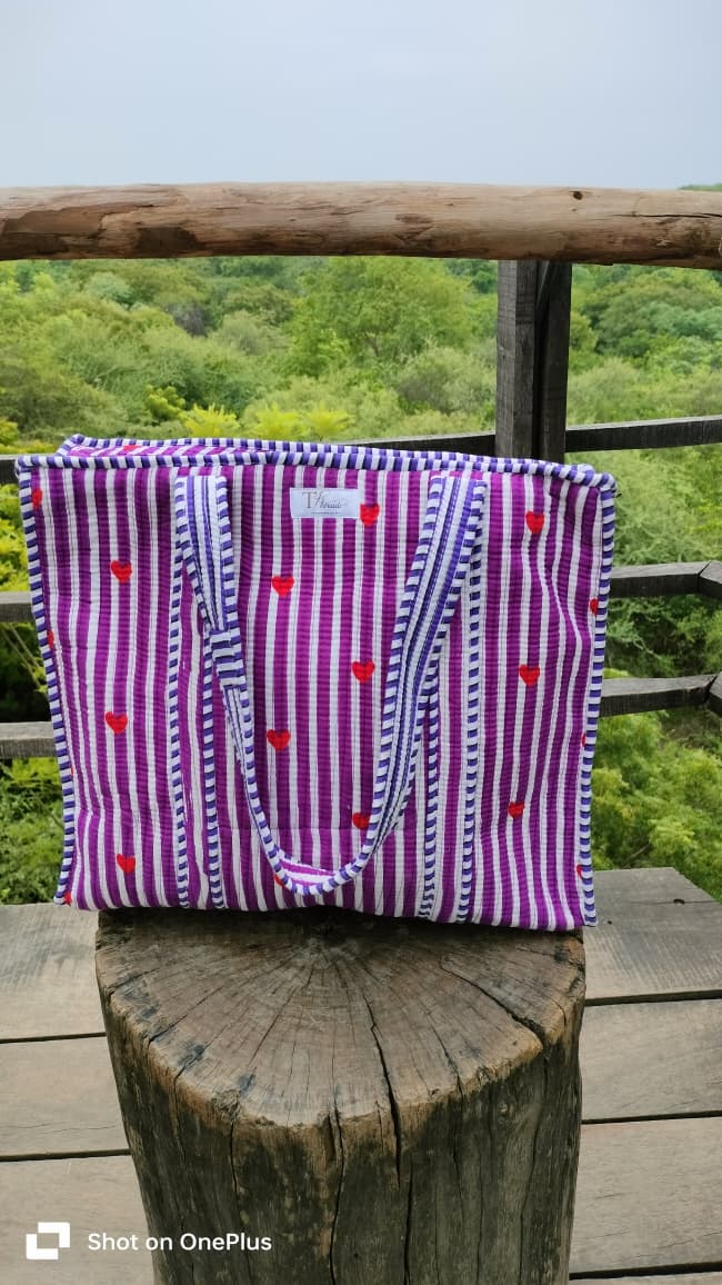 Heart Stripe Quilted Cotton Tote Bag with Zipper | Purple