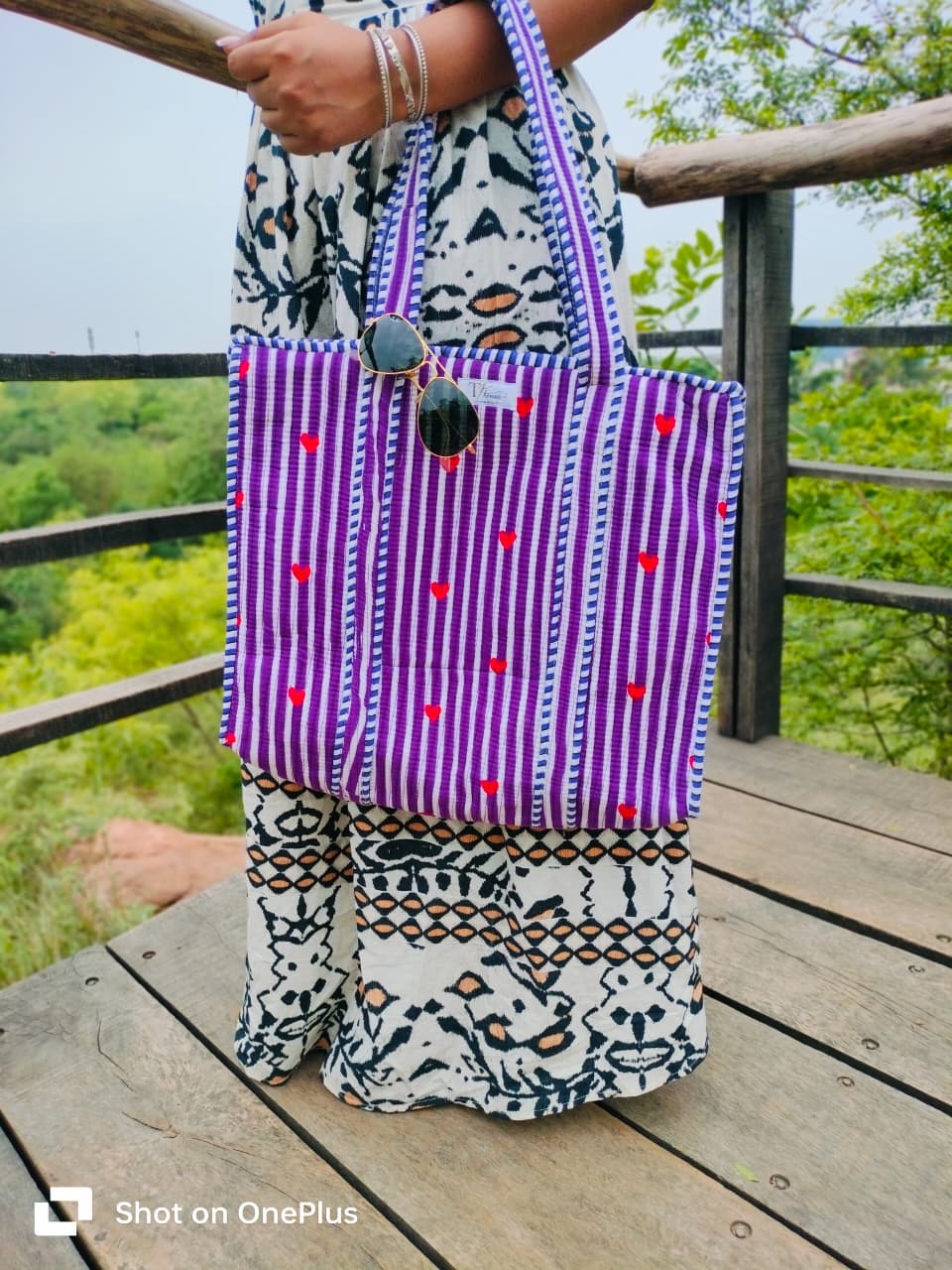 Heart Stripe Quilted Cotton Tote Bag with Zipper | Purple