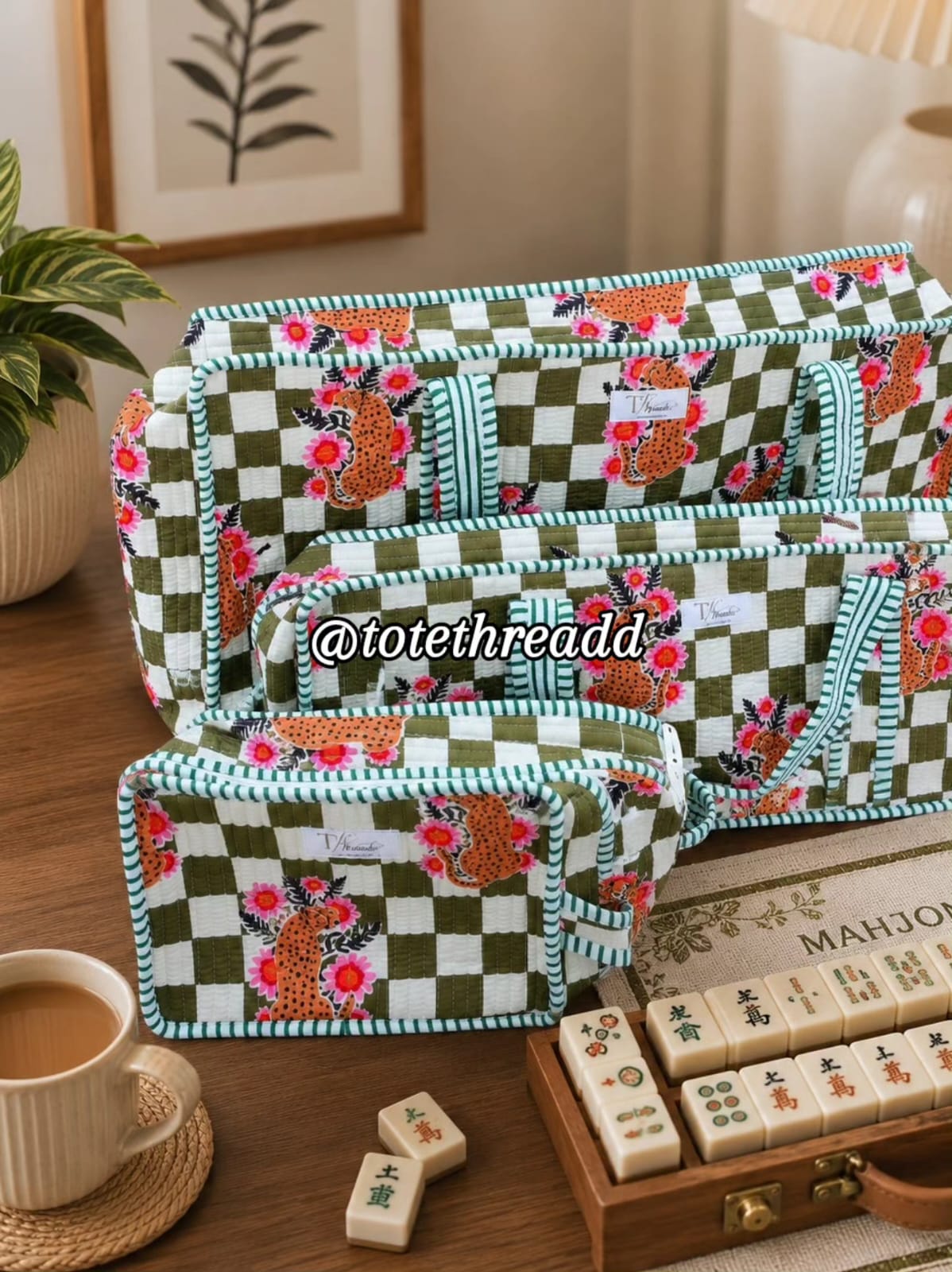 green-leopard cotton quilted mahjong bag set of 3