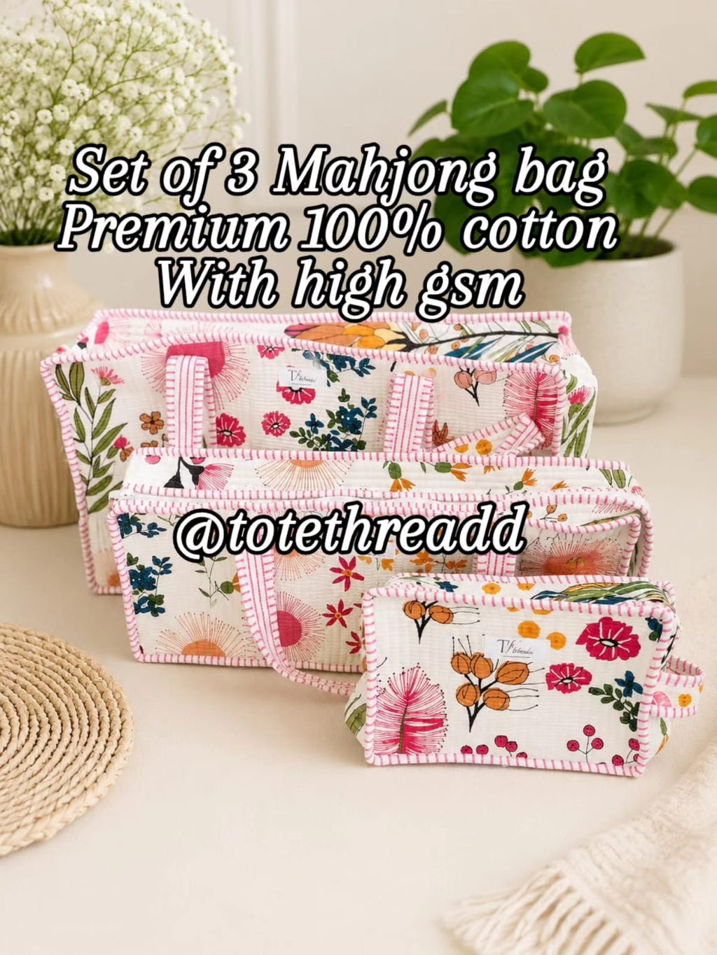 Pink Meadows Set of 3 Mahjong Bag