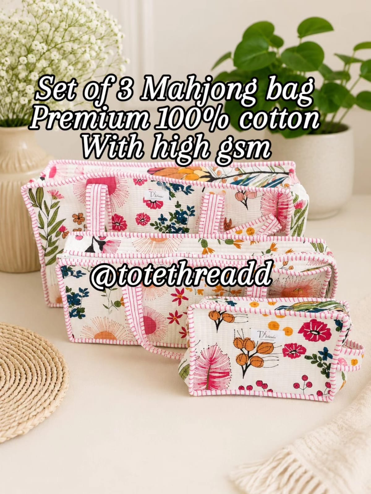 Pink Meadows Set of 3 Mahjong Bag