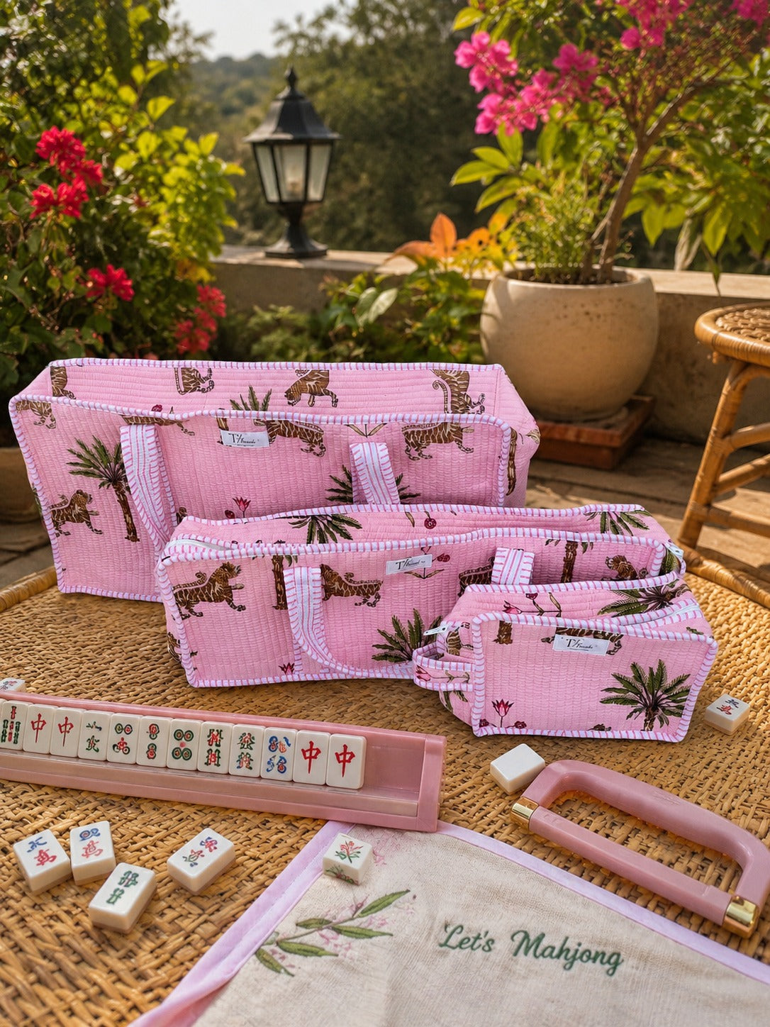 Pink Safari Quilted Mahjong Bag Set – Set of 3