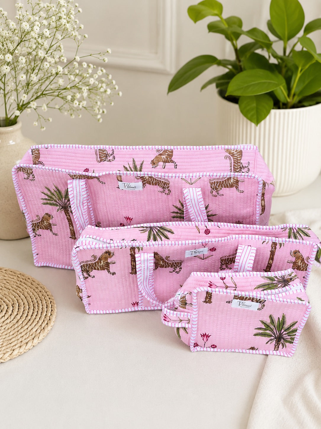 Pink Safari Quilted Mahjong Bag Set – Set of 3