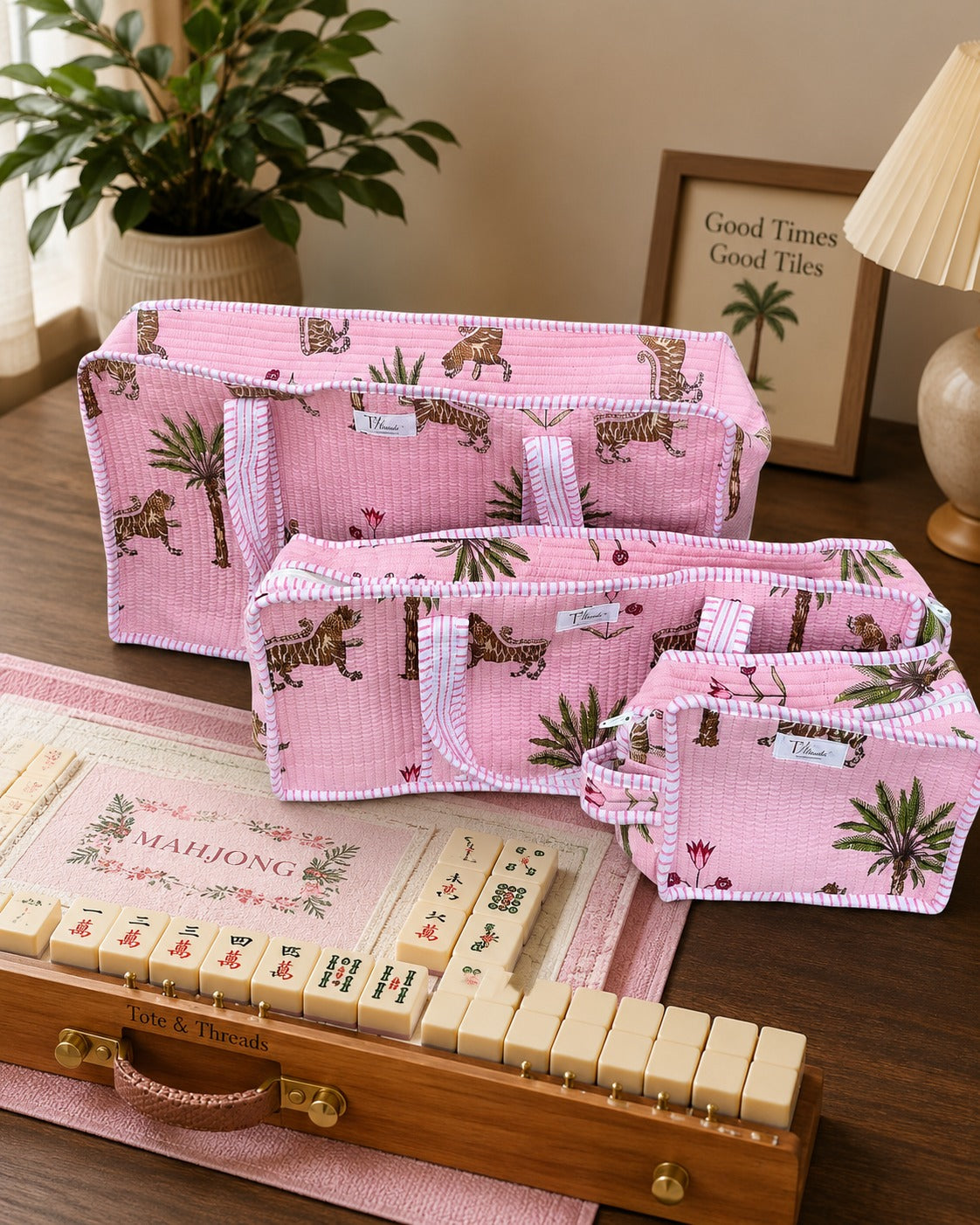 Pink Safari Quilted Mahjong Bag Set – Set of 3