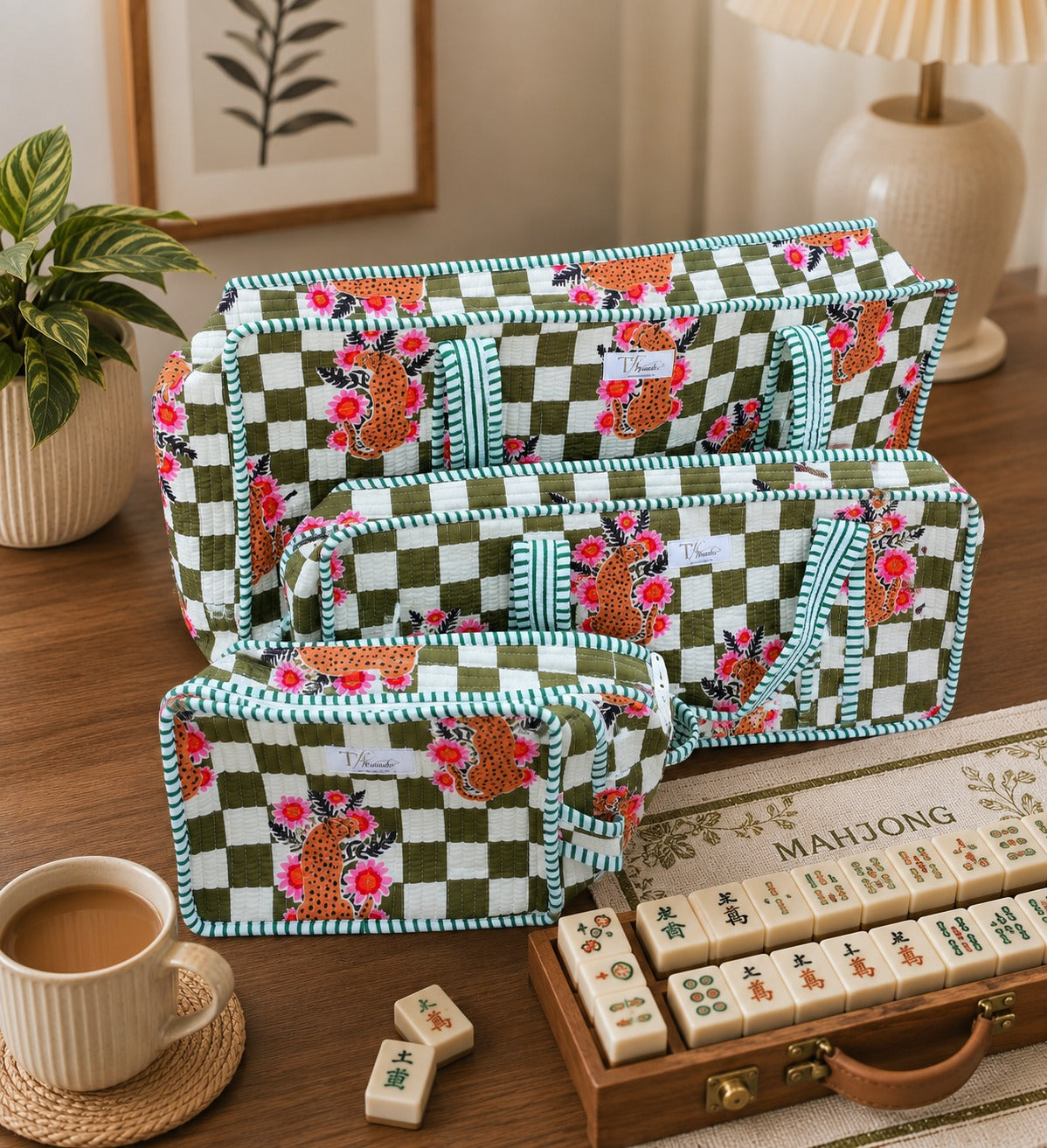 green-leopard cotton quilted mahjong bag set of 3