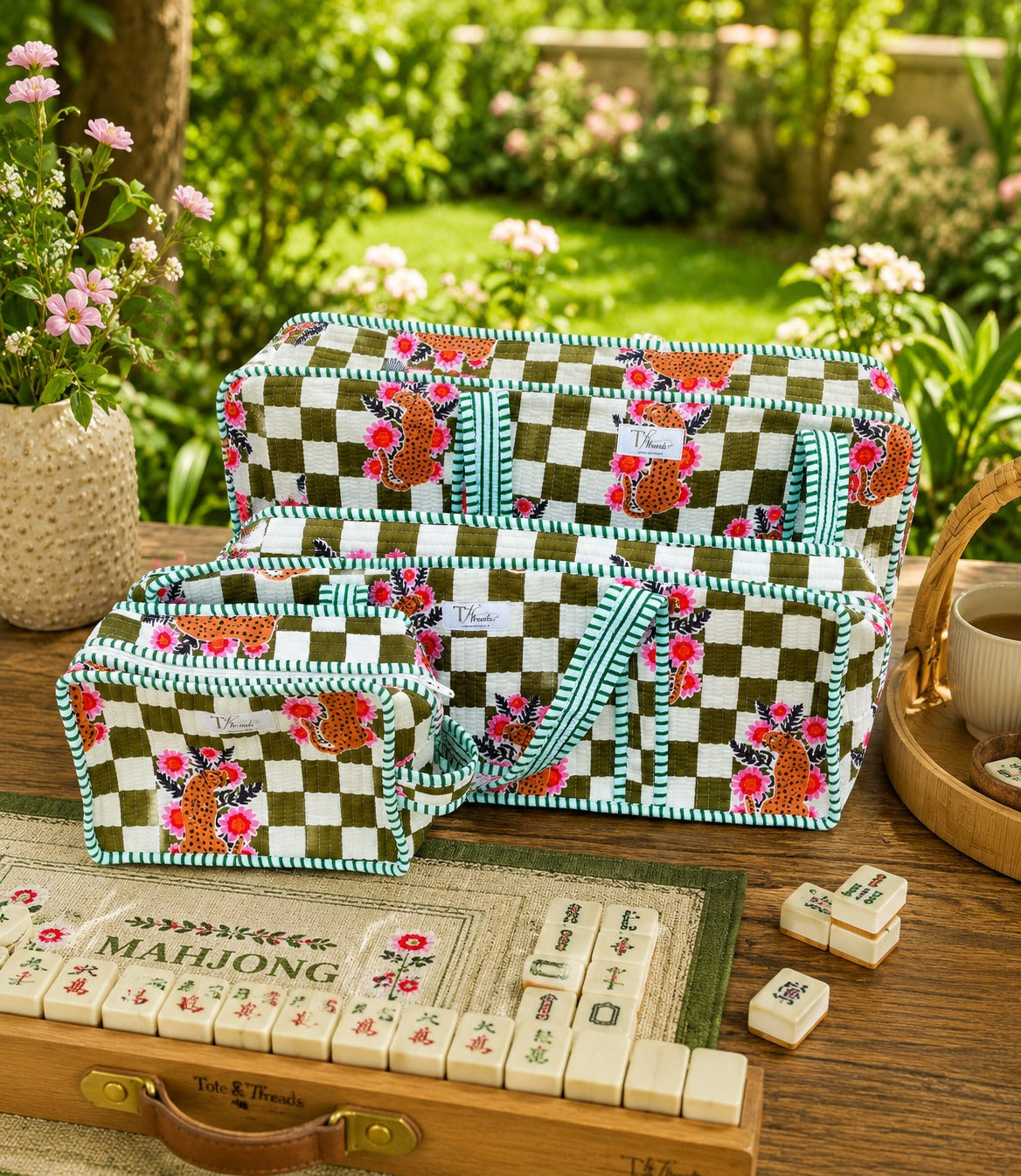 green-leopard cotton quilted mahjong bag set of 3