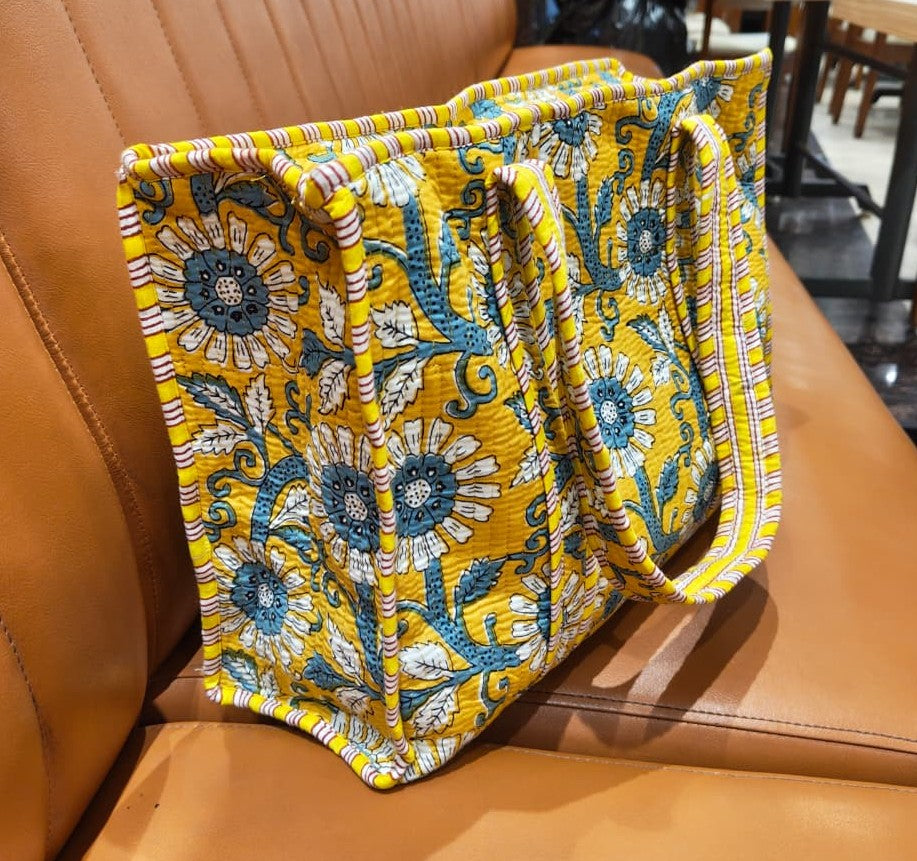 Yellow Floral Quilted Cotton Tote Bag(Zipper)