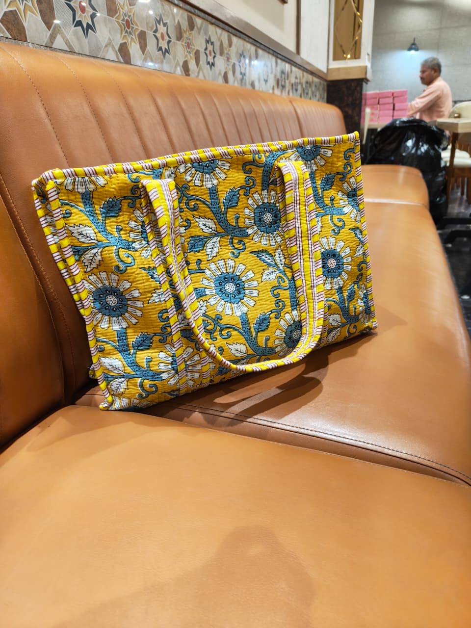 Yellow Floral Quilted Cotton Tote Bag(Zipper)
