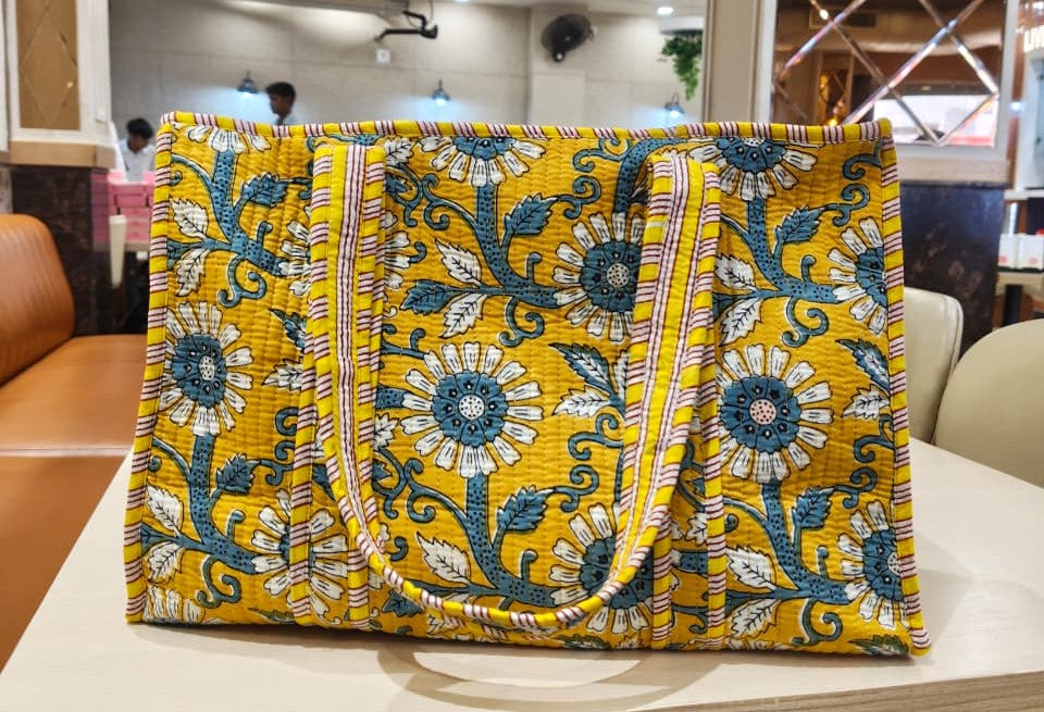 Yellow Floral Quilted Cotton Tote Bag(Zipper)