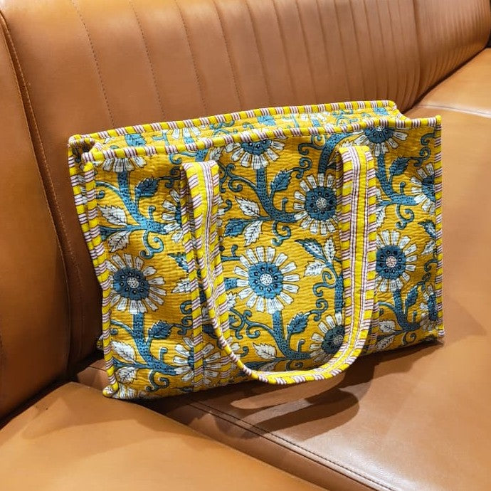 Yellow Floral Quilted Cotton Tote Bag(Zipper)