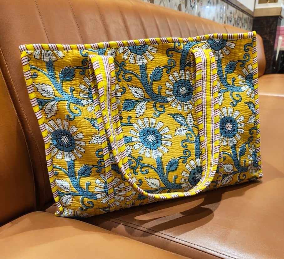Yellow Floral Quilted Cotton Tote Bag(Zipper)