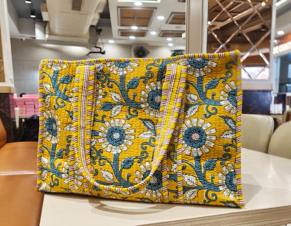 Yellow Floral Quilted Cotton Tote Bag(Zipper)