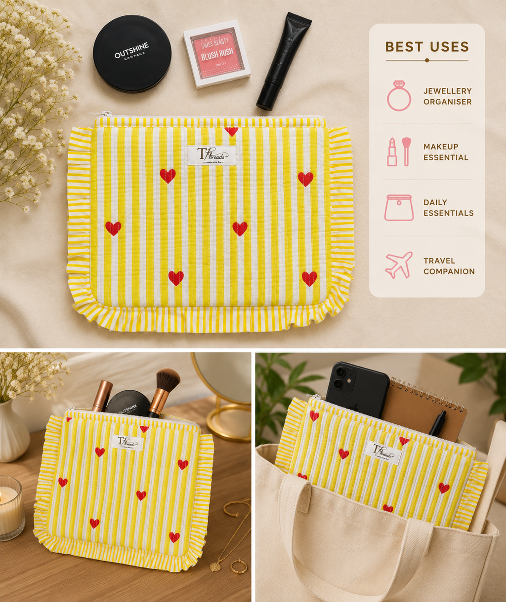 Yellow Heart Stripe Quilted Pouch